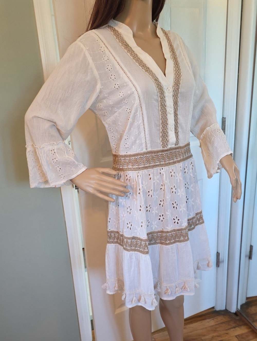Anthropologie Me 2 Magic Boho Eyelet Lace Tiered Dress with Tassel Trim Cotton M